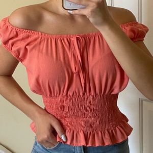 Bright coral off the shoulder top